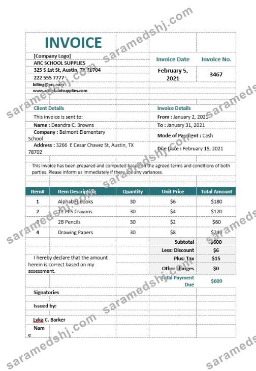 School Supply Order Invoice Template